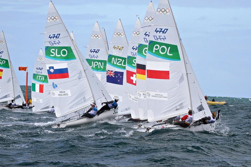 Jo Aleh and Polly Powrie head off after the start of Race 3, sailed in the Atlantic Ocean off the Brazilian coast  - Summer Olympics - Womens 470 © Richard Gladwell www.photosport.co.nz